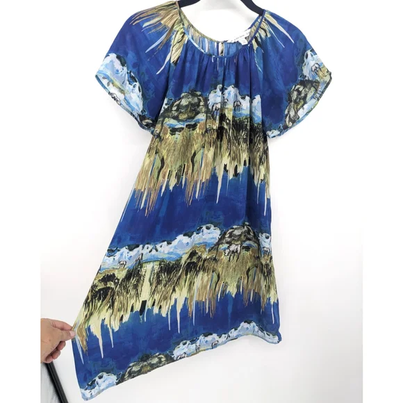 & Other Stories Dress Womens 4 Blue Horses Landscape Printed Boho Art Western - Picture 1 of 12